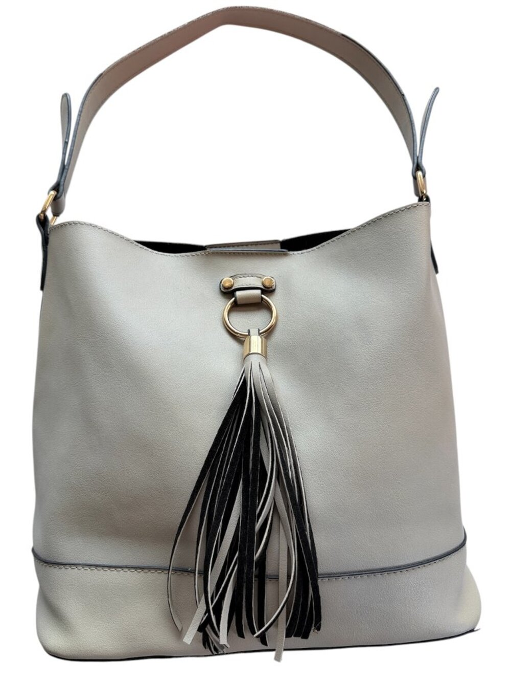 Lulu Dharma Napa Vegan Leather Tassel Hobo Bag Stone Gray Beige Shoulder Handbag